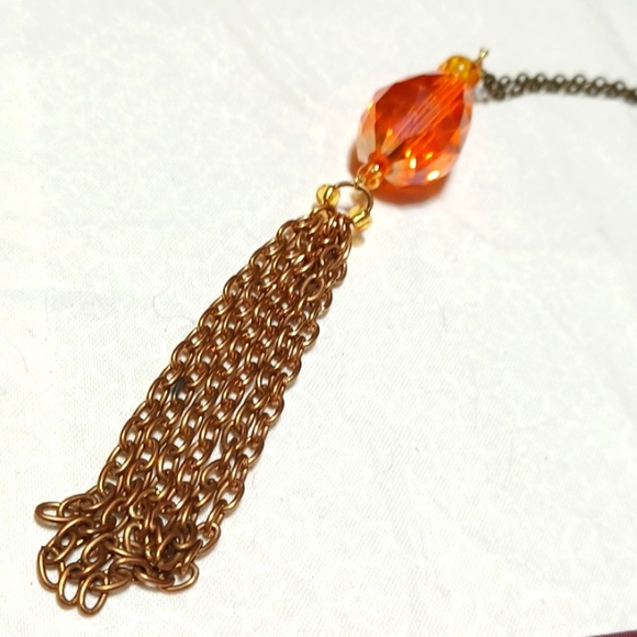 Gold tassel pendant necklace golden bead amber glass honey orange chain handmade - Picture 2 of 7